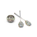 A pair of Russian silver and enamel spoons Nikolai Pavlov, Moscow 1908 - 1927 mark (3)