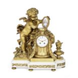 A late 19th century gilt bronze, marble and Serves-style porcelain figural mantel clock the dial ...