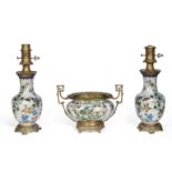 A late 19th century French gilt bronze mounted Chinese cloisonné matched garniture (3)