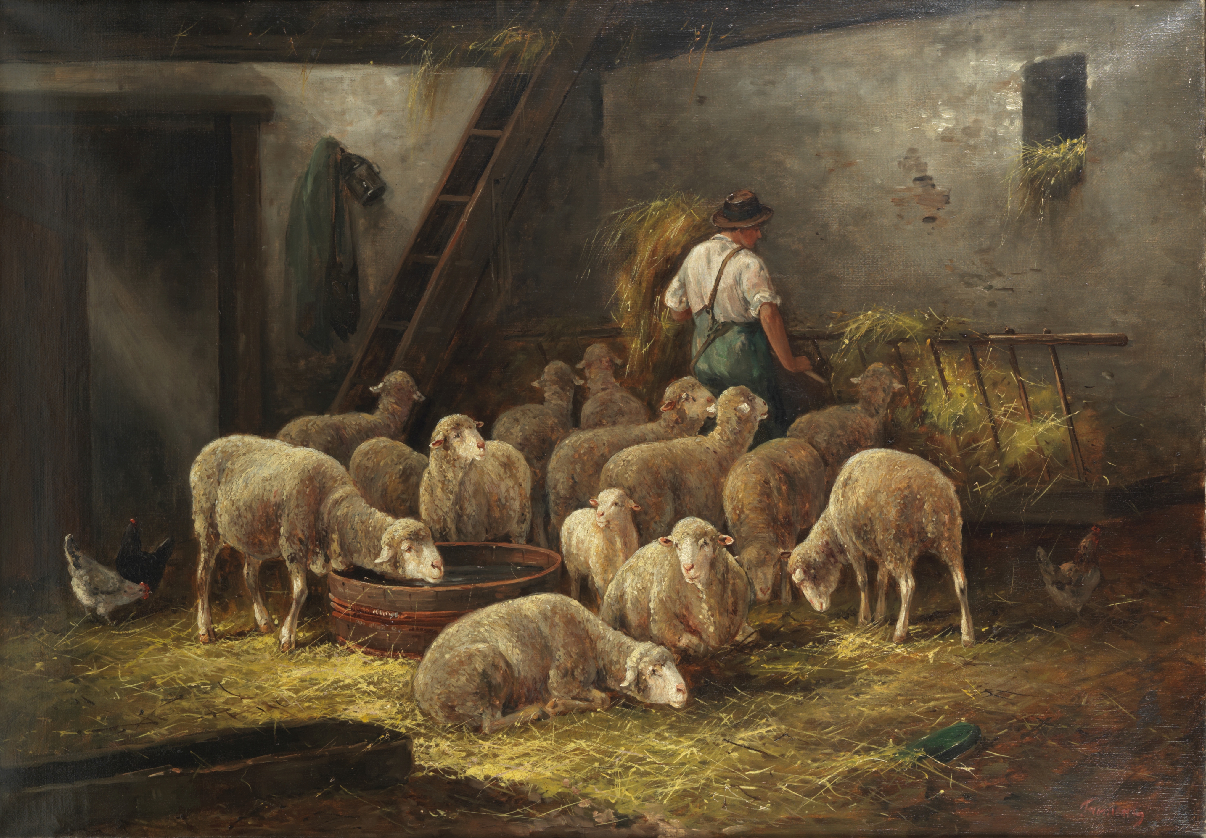 Continental School, 20th Century A shepherd in a barn with his flock