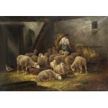 Continental School, 20th Century A shepherd in a barn with his flock