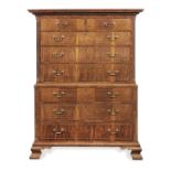 A 19th century walnut and chequer inlaid chest on chest possibly 18th century and later re-veneered