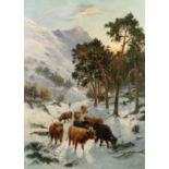 C.E.Watson (British 19th/20th Century) Highland cattle in a winter landscape