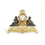 A late 19th century French gilt and patinated bronze figural mantel clock in the Louis XVI style,...