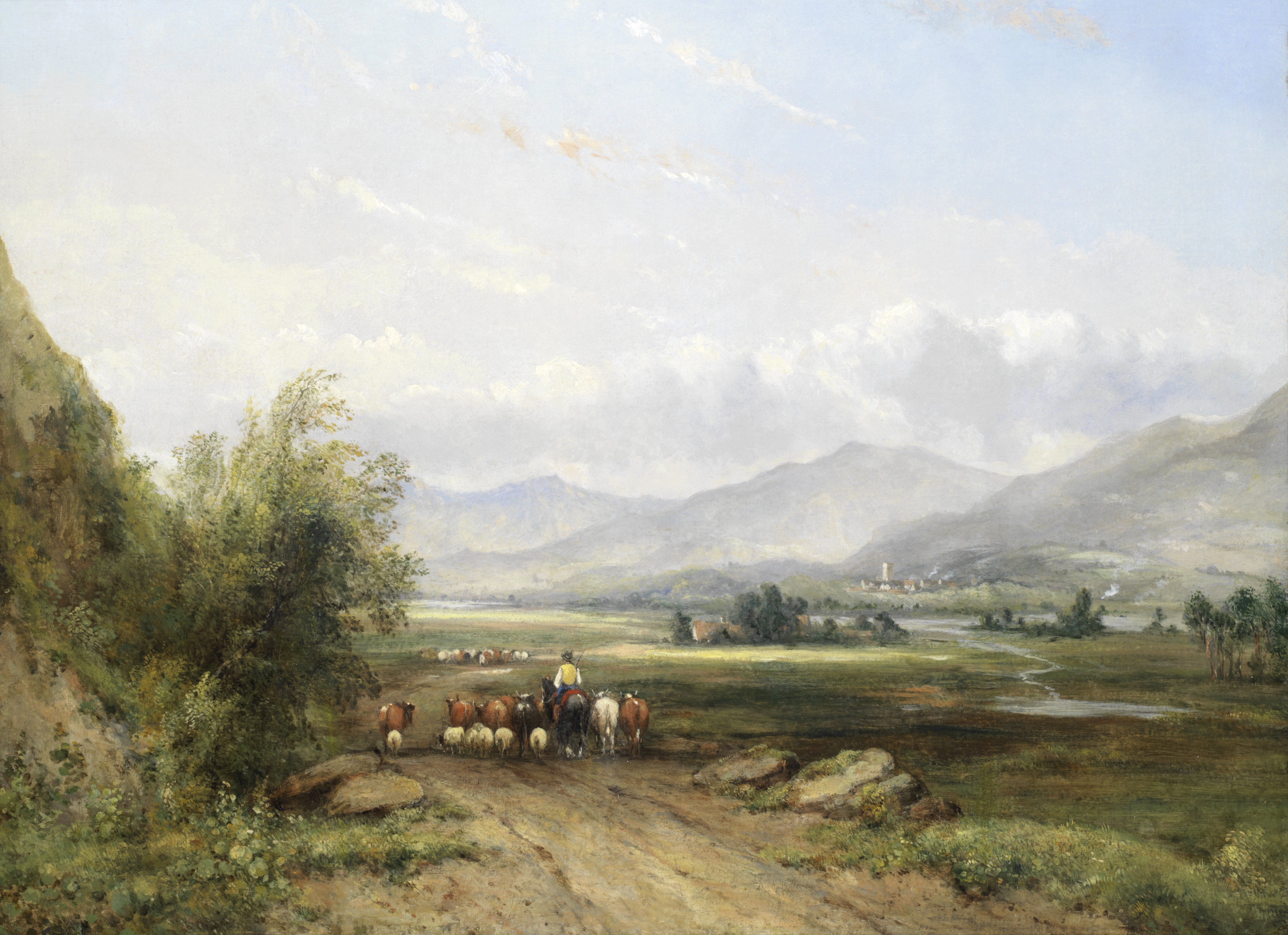 Attributed to Frederick William 'Waters' Watts (British, 1800-1862) Driving sheep through the valley