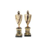 A pair of 19th century Derbyshire fluor spar 'Blue John' and marble garniture urns, (2)