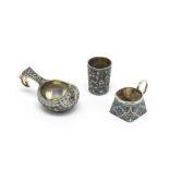 A Russian silver and enamel kovsh Moscow 1908 - 1927 mark; and two further items (3)