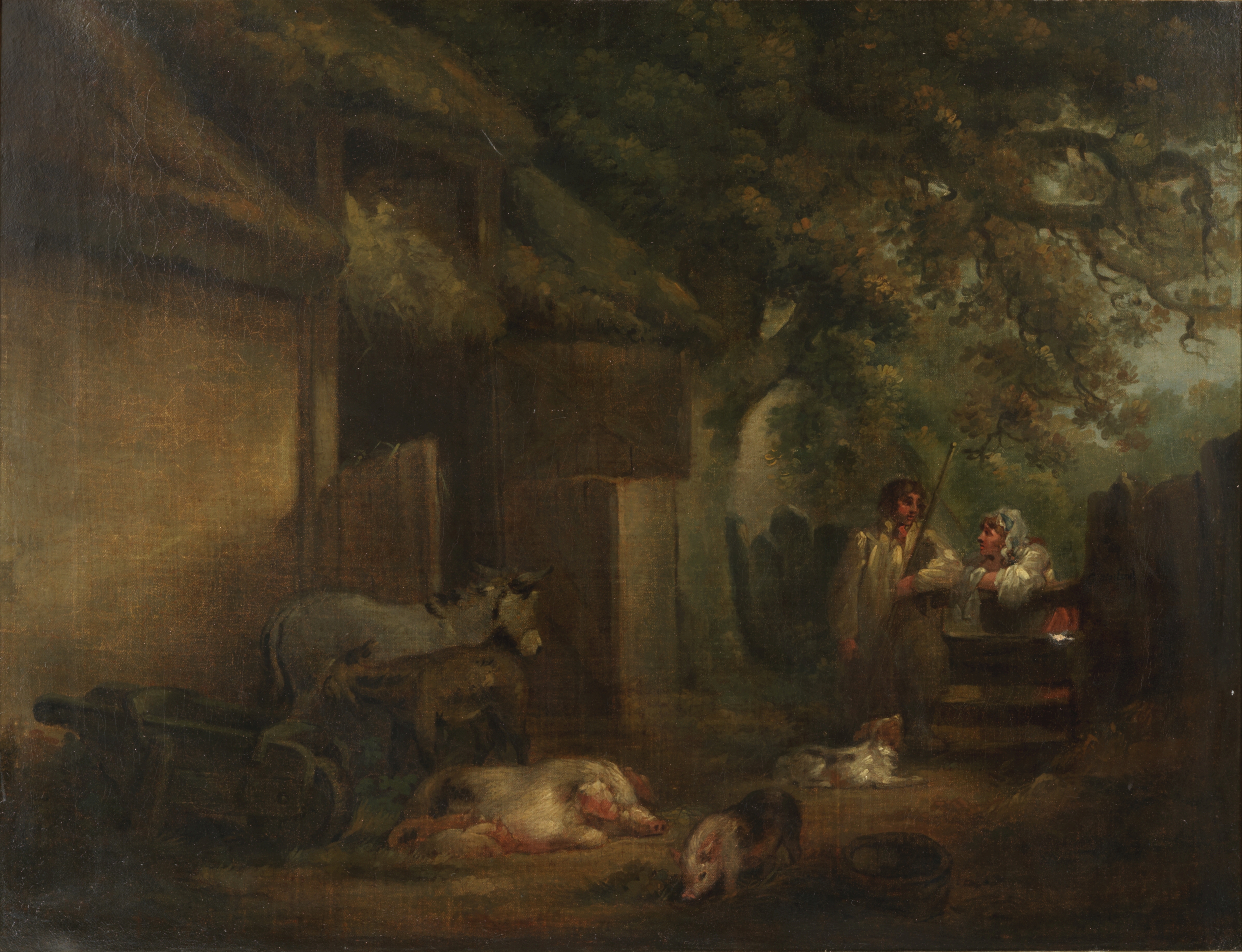 Follower of George Morland (London 1763-1804) A stable yard with pigs, donkeys and figures leanin...