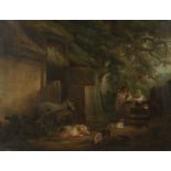 Follower of George Morland (London 1763-1804) A stable yard with pigs, donkeys and figures leanin...