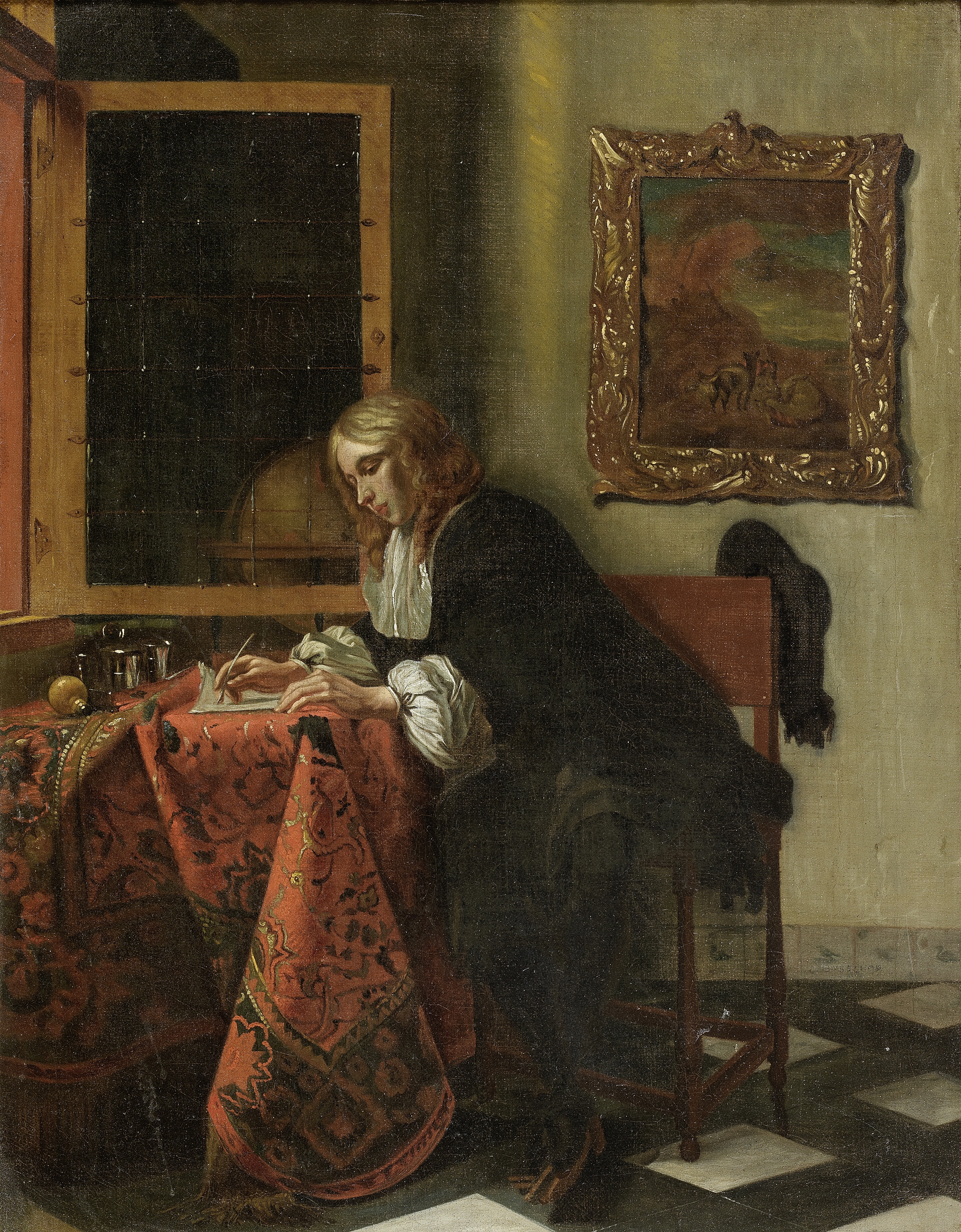 After Gabriel Metsu, 18th Century A gentleman writing a letter at a draped table in an interior