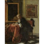 After Gabriel Metsu, 18th Century A gentleman writing a letter at a draped table in an interior