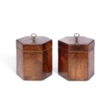 A pair of George III mahogany and marquetry inlaid hexagonal tea caddies (2)