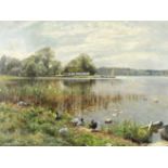 Peder Mørk Mønsted (Danish, 1859-1941) Ducks at the water's edge