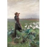 German School (19th Century) Landscape with lady and geese at the edge of a cabbage patch, a town...