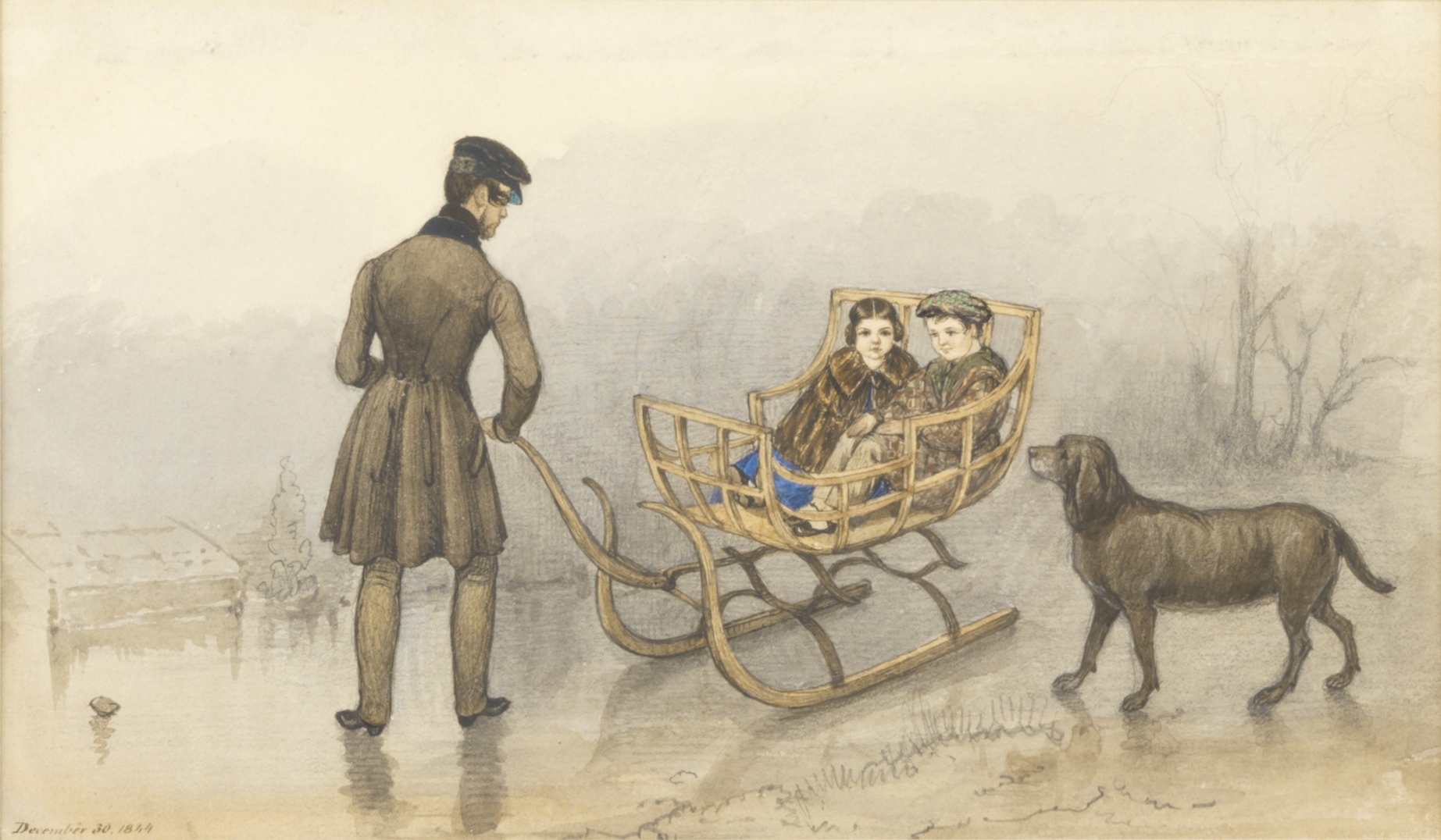 Mary Ellen Best (British, 1809-1891) 'Anthony, Frank and Caroline sledging on the ice, accompanie...