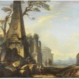 Jean Nicolas Servandoni (Florence 1695-1766 Paris) Figures before an obelisk, with ruins in the d...