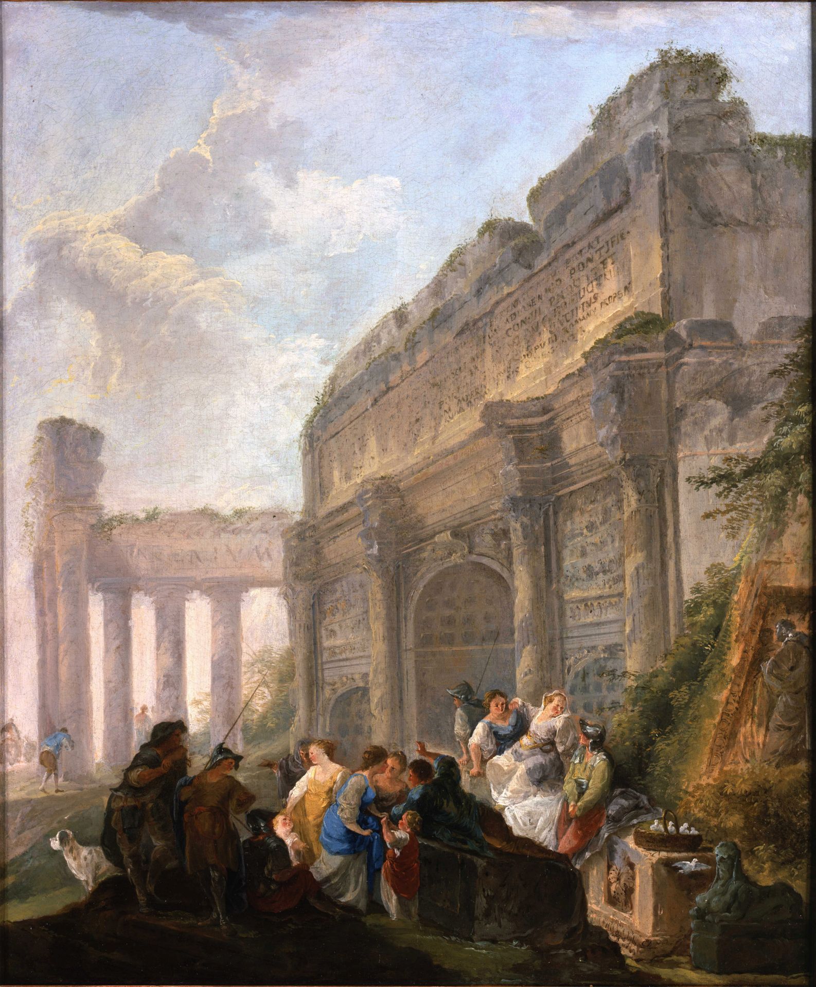 Hubert Robert (Paris 1733-1808) Roman capriccio with a dove seller in a Louis XV carved frame