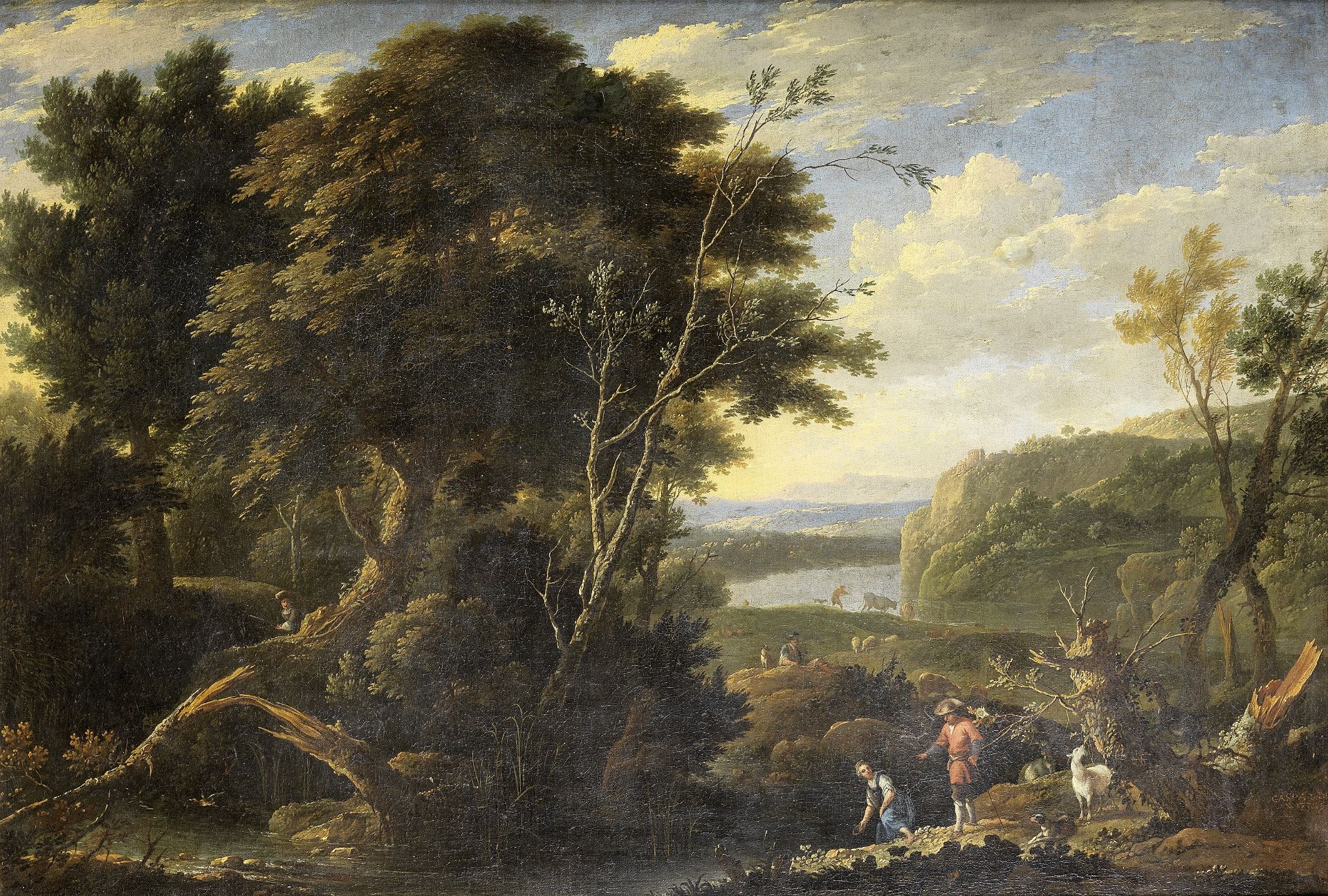 Gaspar de Witte (Antwerp 1624-1681) An Italianate landscape with drovers by a river