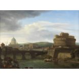 Isaac de Moucheron (Amsterdam 1667-1744) A view of the Tiber, Rome, with the Castel Sant'Angelo a...