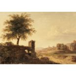 Pierre Henri de Valenciennes (Toulouse 1750-1819 Paris) A rocky landscape at dusk with a shrine u...