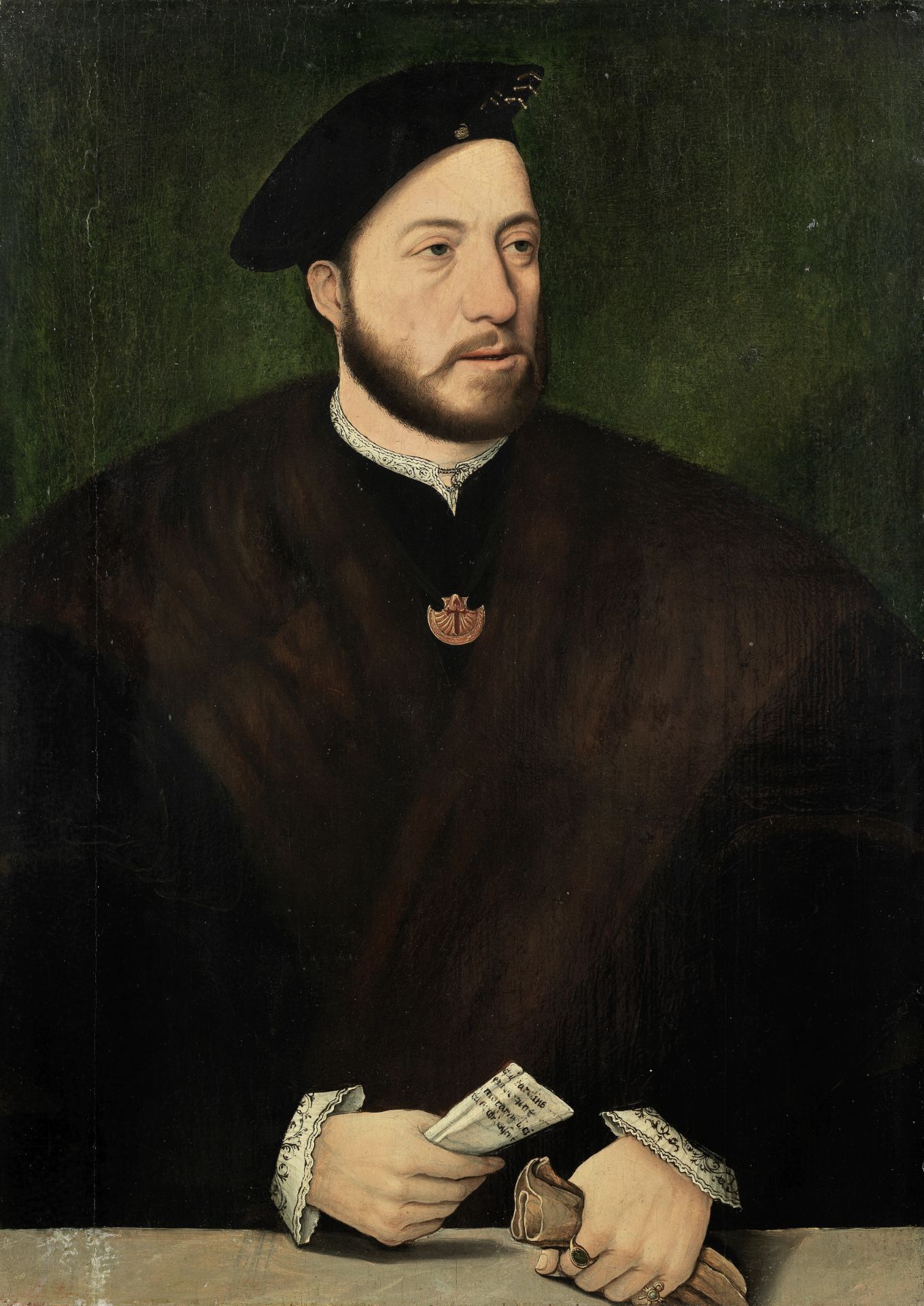 Ambrosius Benson (circa 1495-1550 Bruges) Portrait of a gentleman, half-length, in fur-trimmed ro...