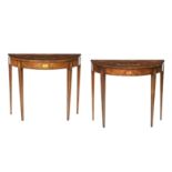 A pair of 19th century style mahogany and marquetry inlaid demi-lune tables (2)