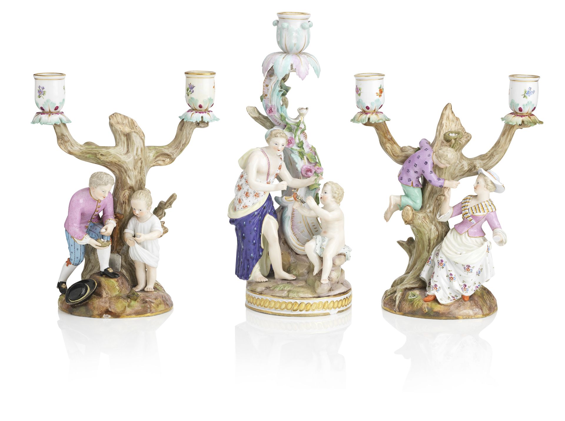 Three Meissen candle groups Late 19th century
