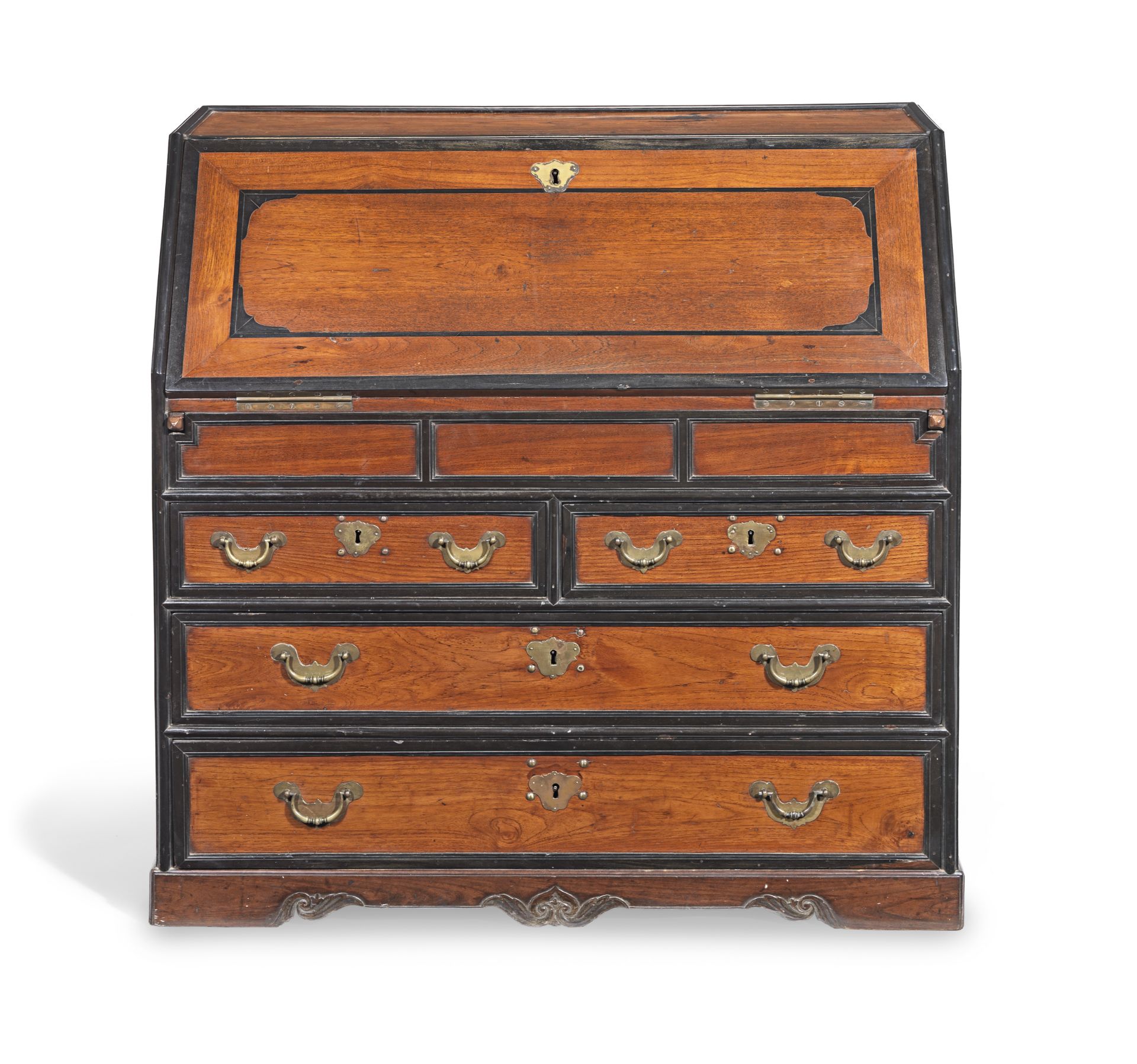 An Anglo-Ceylonese early 19th century teak, ebonised and ebony inlaid bureau