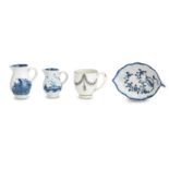 A Lowestoft pickle dish and two English blue and white miniature jugs Late 18th century