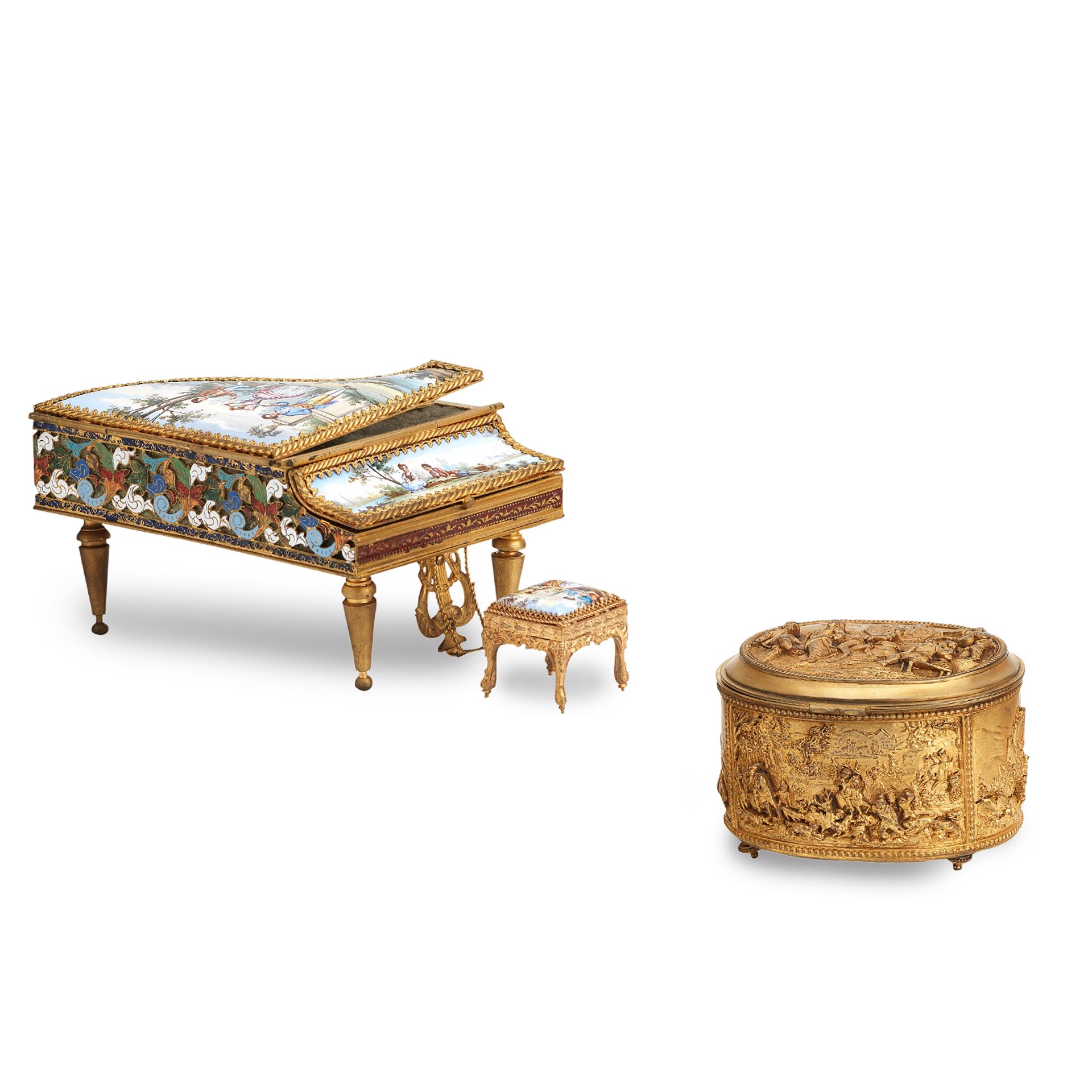 A gilt metal and Viennese enamel music box in the style of a grand piano with stool (3)