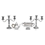 A pair of Queen Anne style modern silver candelabra and teapot by Adie Bros., Birmingham 1960/61 ...