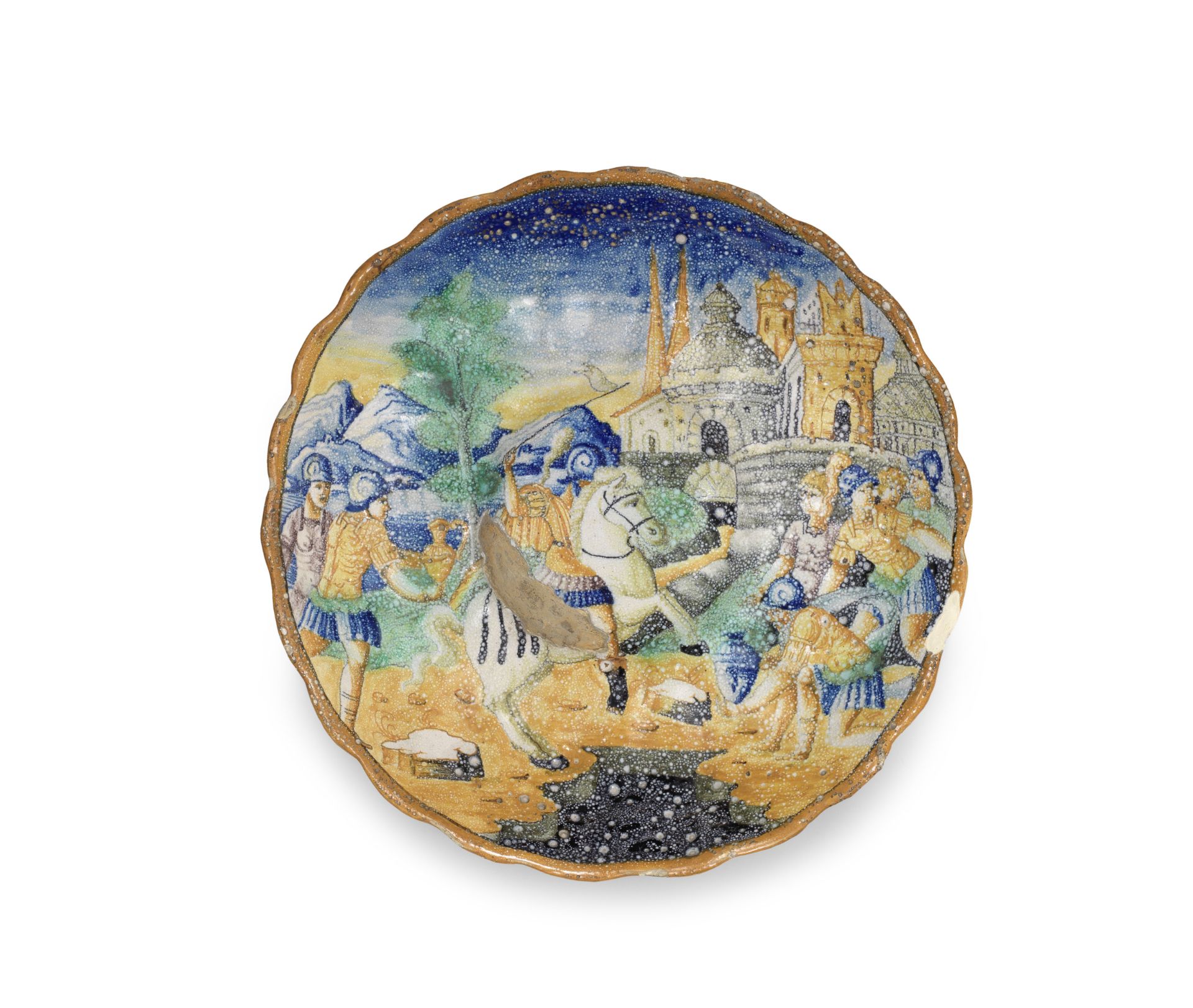 A Pesaro maiolica istoriato moulded tazza 16th Century