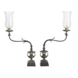 An unusual pair of Arts & Crafts bronze gas lamps, circa 1900 (2)