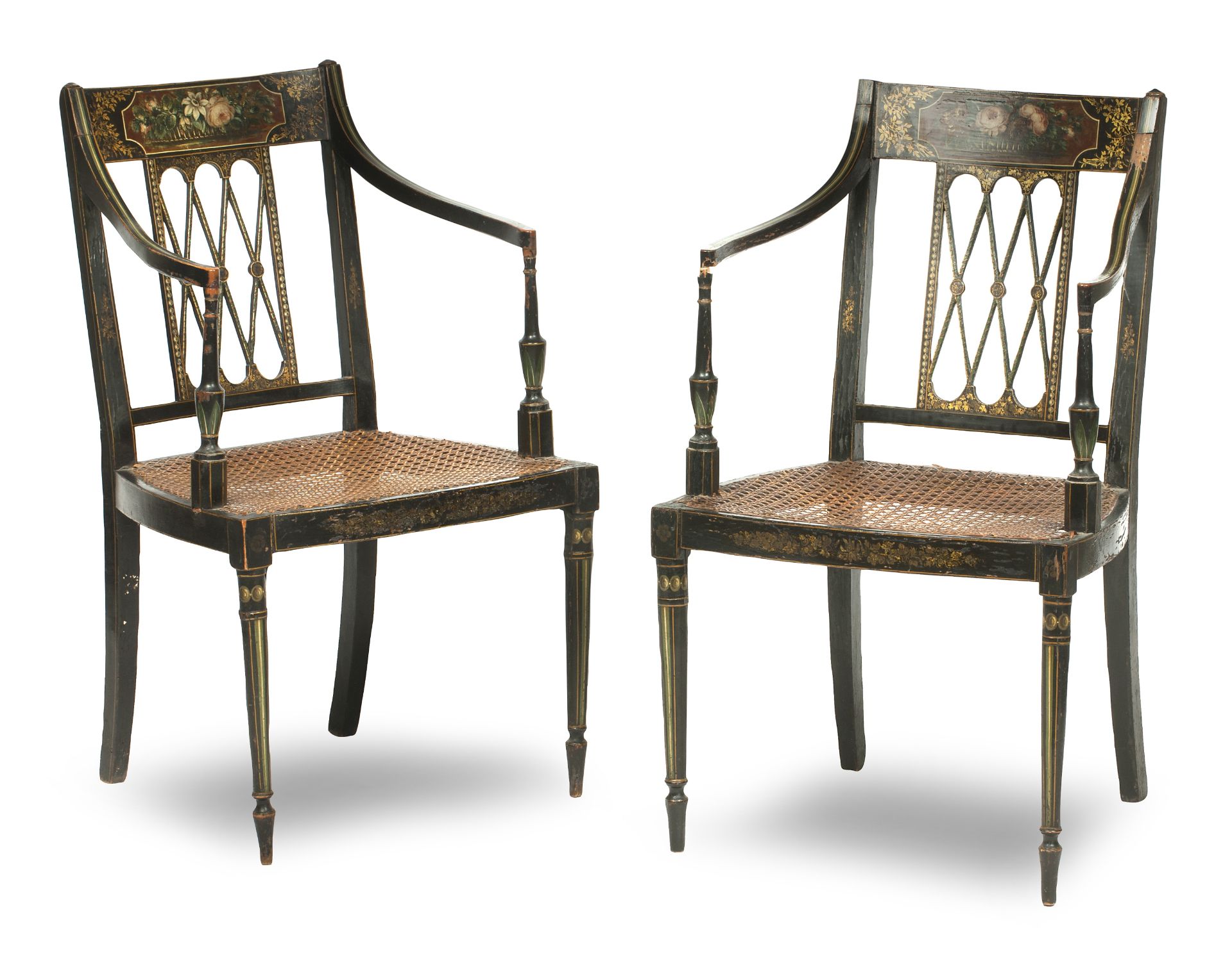 A pair of George III ebonised and floral painted open armchairs (2)