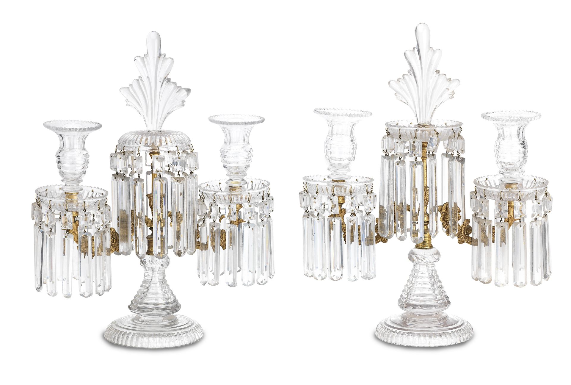 A pair of cut glass and gilt metal twin-branch candelabra Late 19th Century