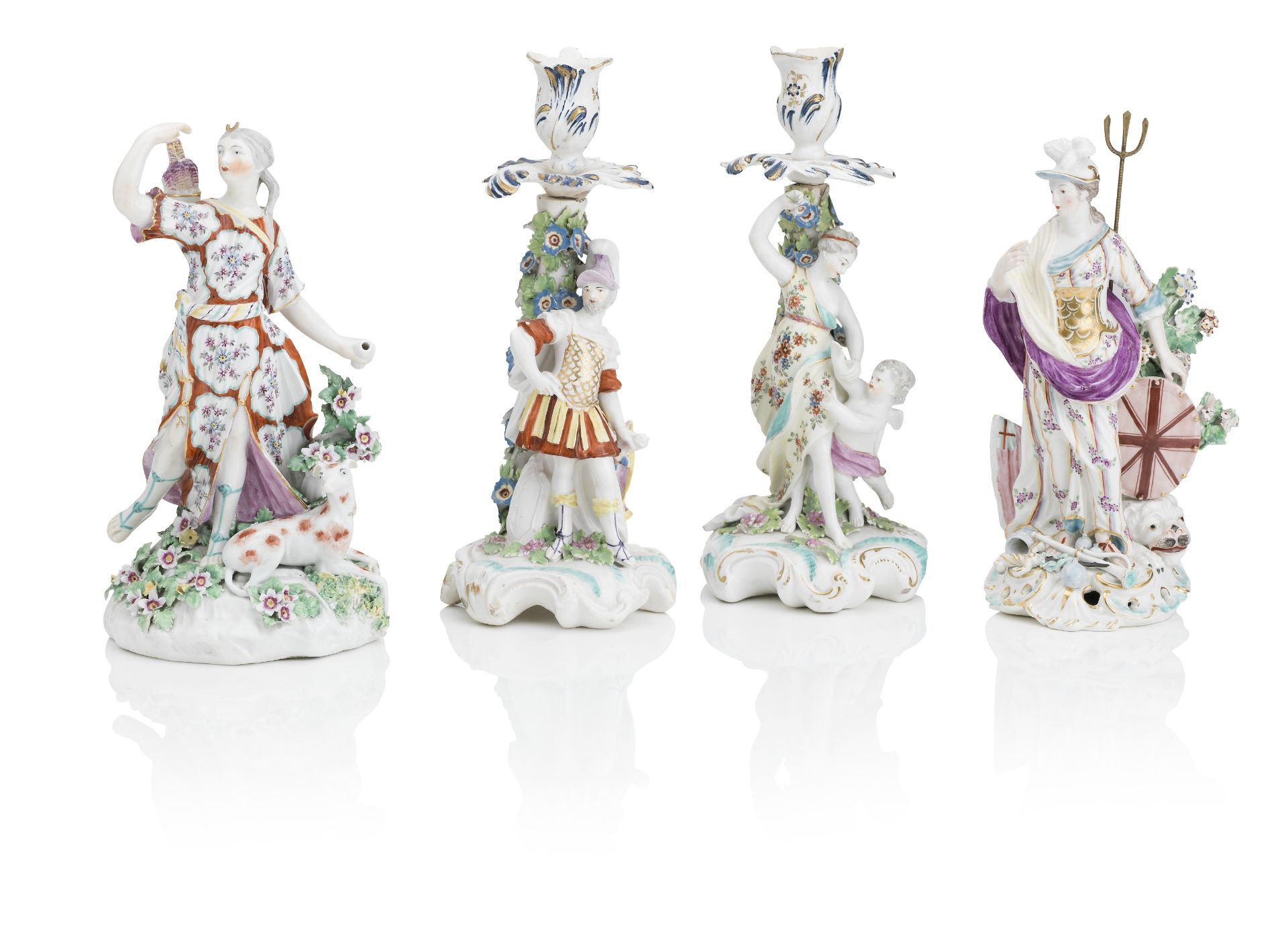 A pair of Derby candlesticks, A Derby figure of Diana and a Derby figure of Britannia Circa 1775-80