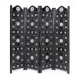 An Indian ebonised hardwood and metal mounted four panel screen