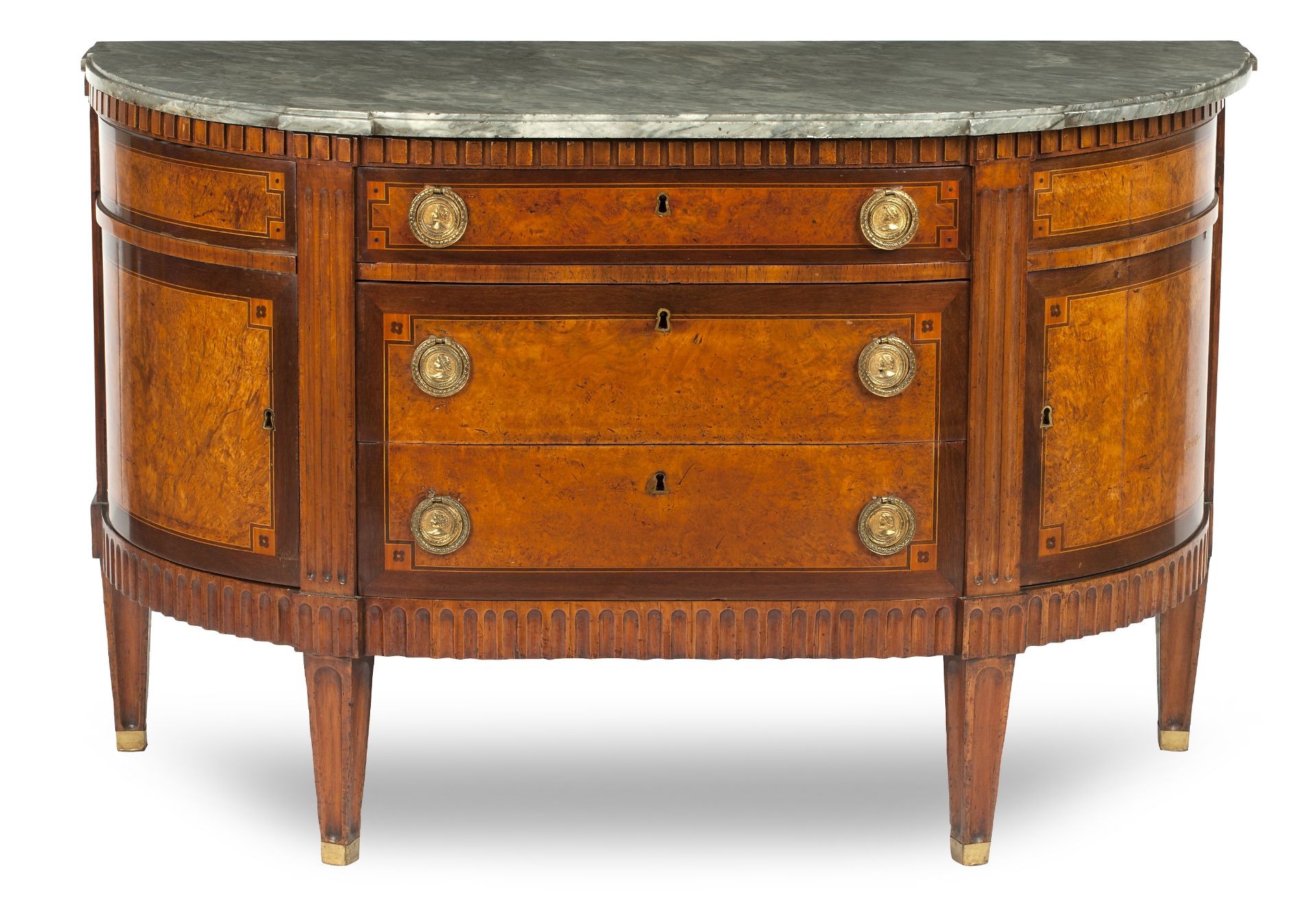 A late 18th Century Dutch burr-elm bowfront marble top commode