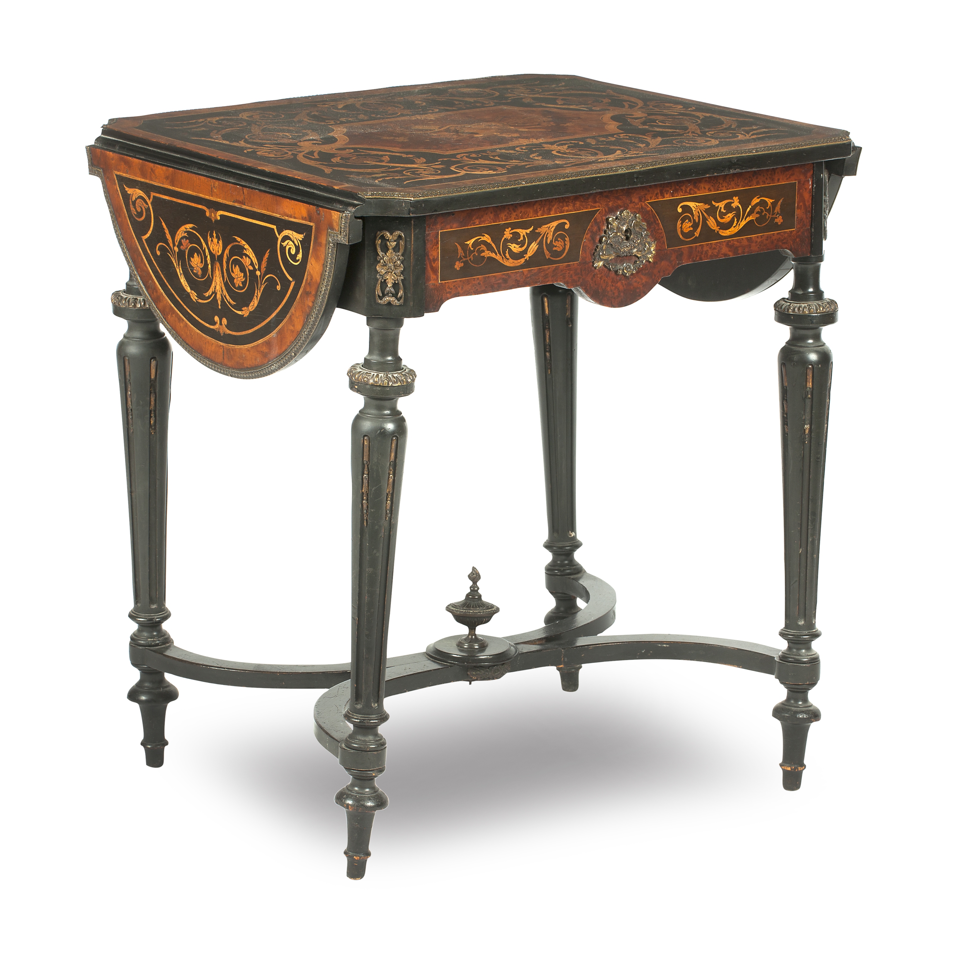 A late 19th/early 20th century French walnut, marquetry inlaid and gilt metal mounted writing table