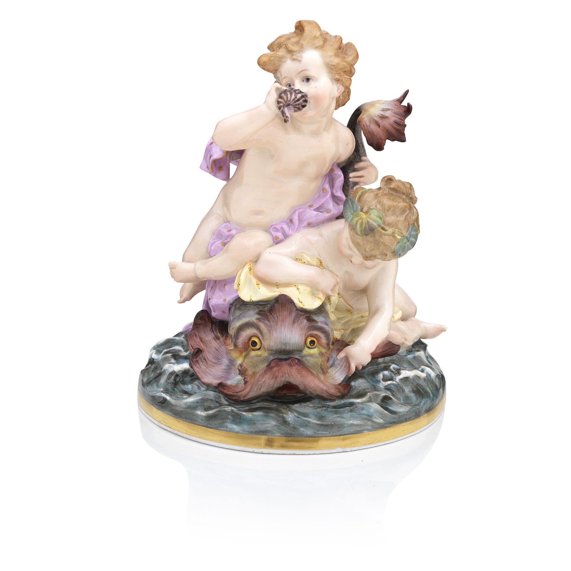 A Meissen figure group of putti and a dolphin Mid 19th century