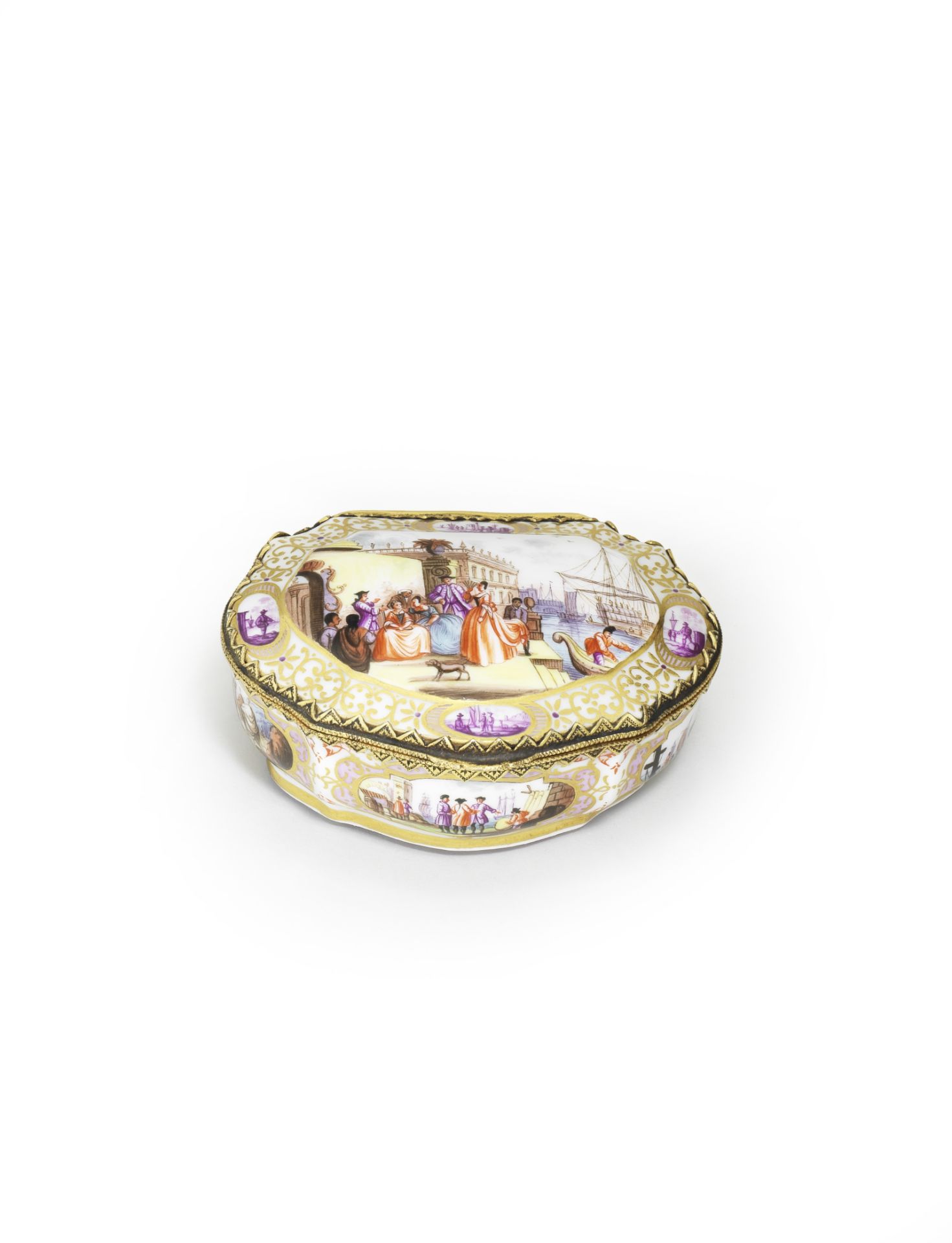 A Meissen style gilt metal mounted snuff box Second half 19th century