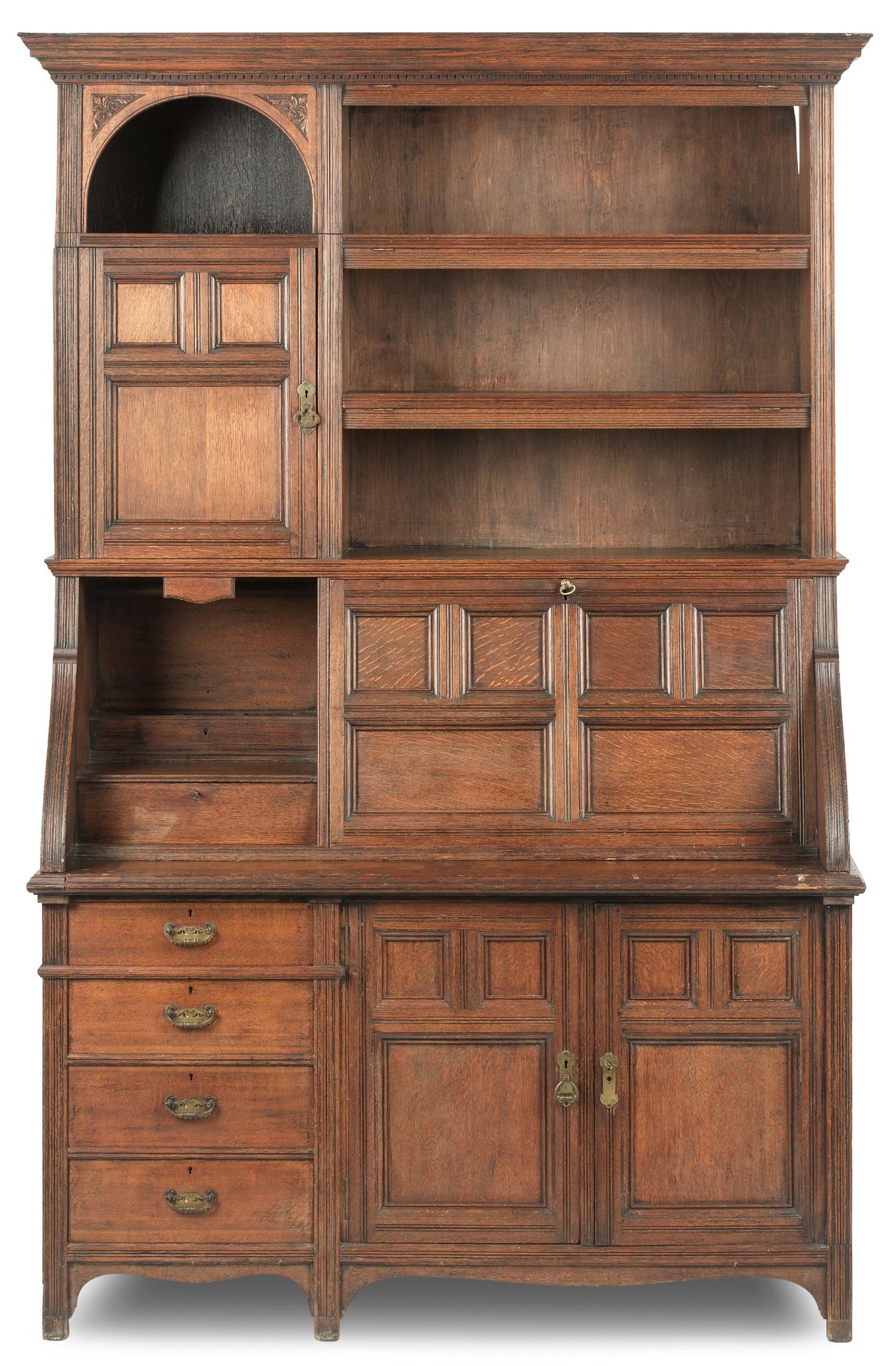 An aesthetic style late 19th/early 20th century oak bureau bookcase Stamped Gillows, Lancaster