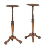 A Pair of William III style walnut and boxwood inlaid candle stands, late 19th/early 20th century...