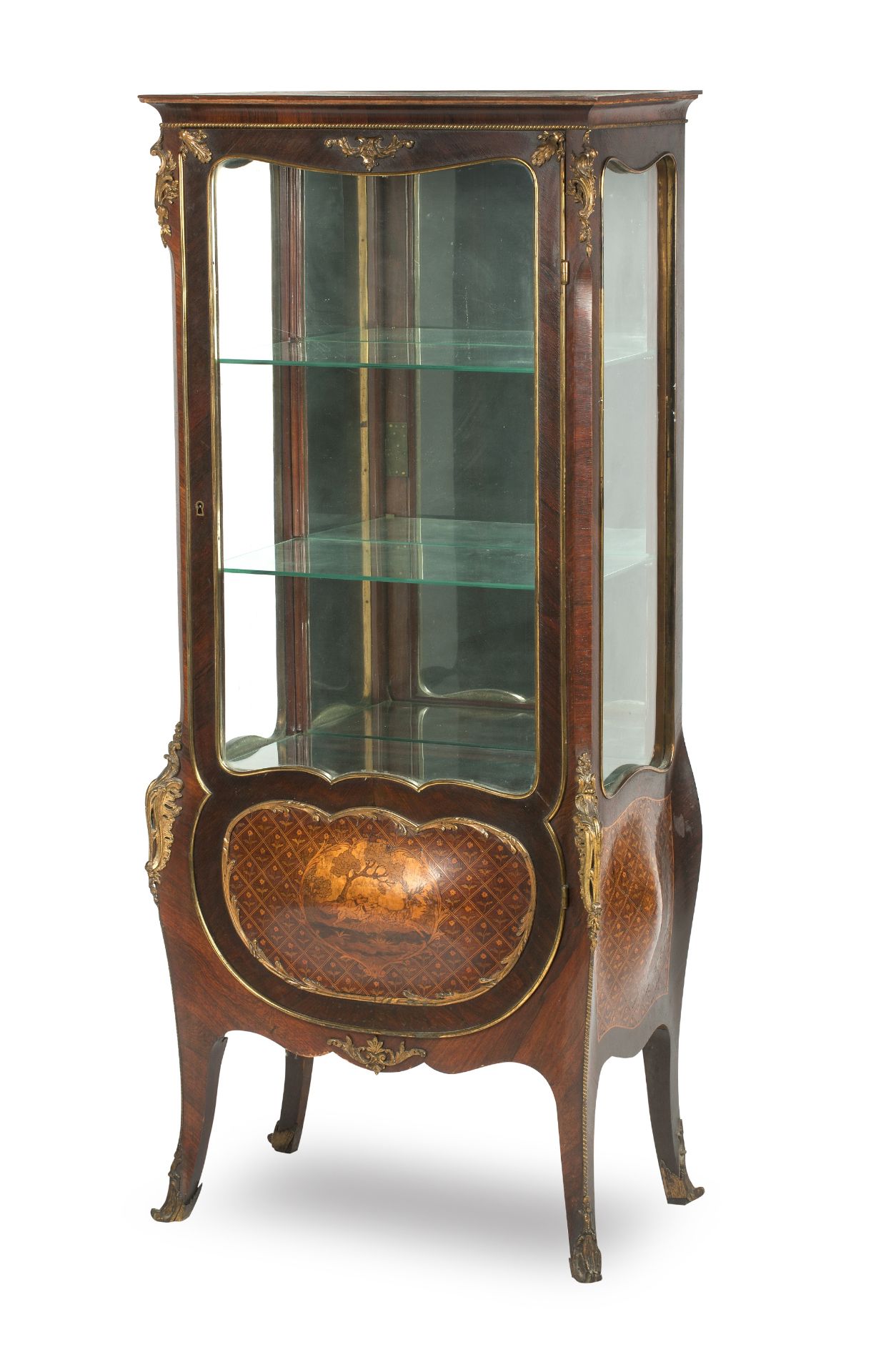 A late 19th century French walnut and marquetry inlaid vitrine