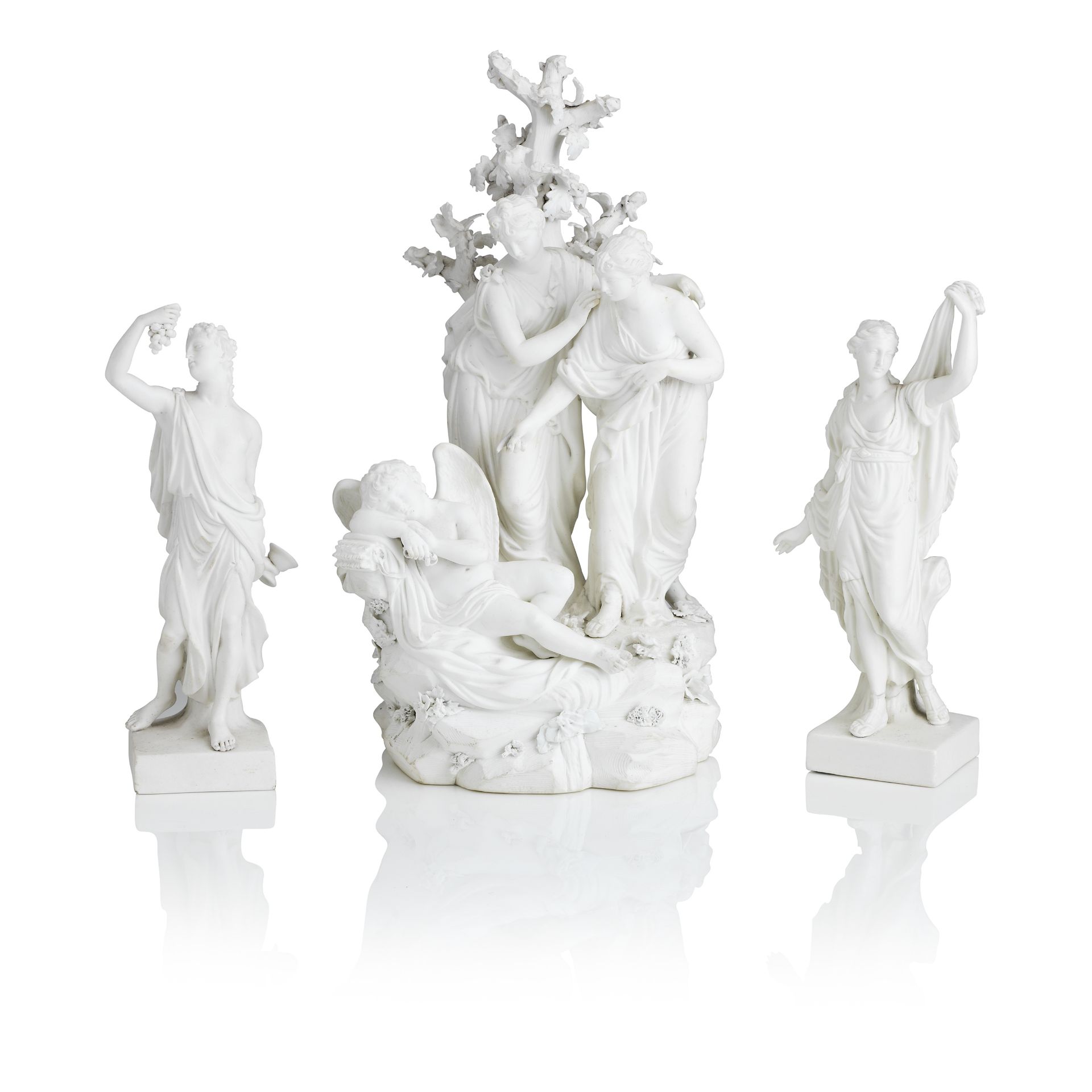 A pair of Derby biscuit figures of Ariadne and Bacchus and a Derby biscuit group of Virgins awake...