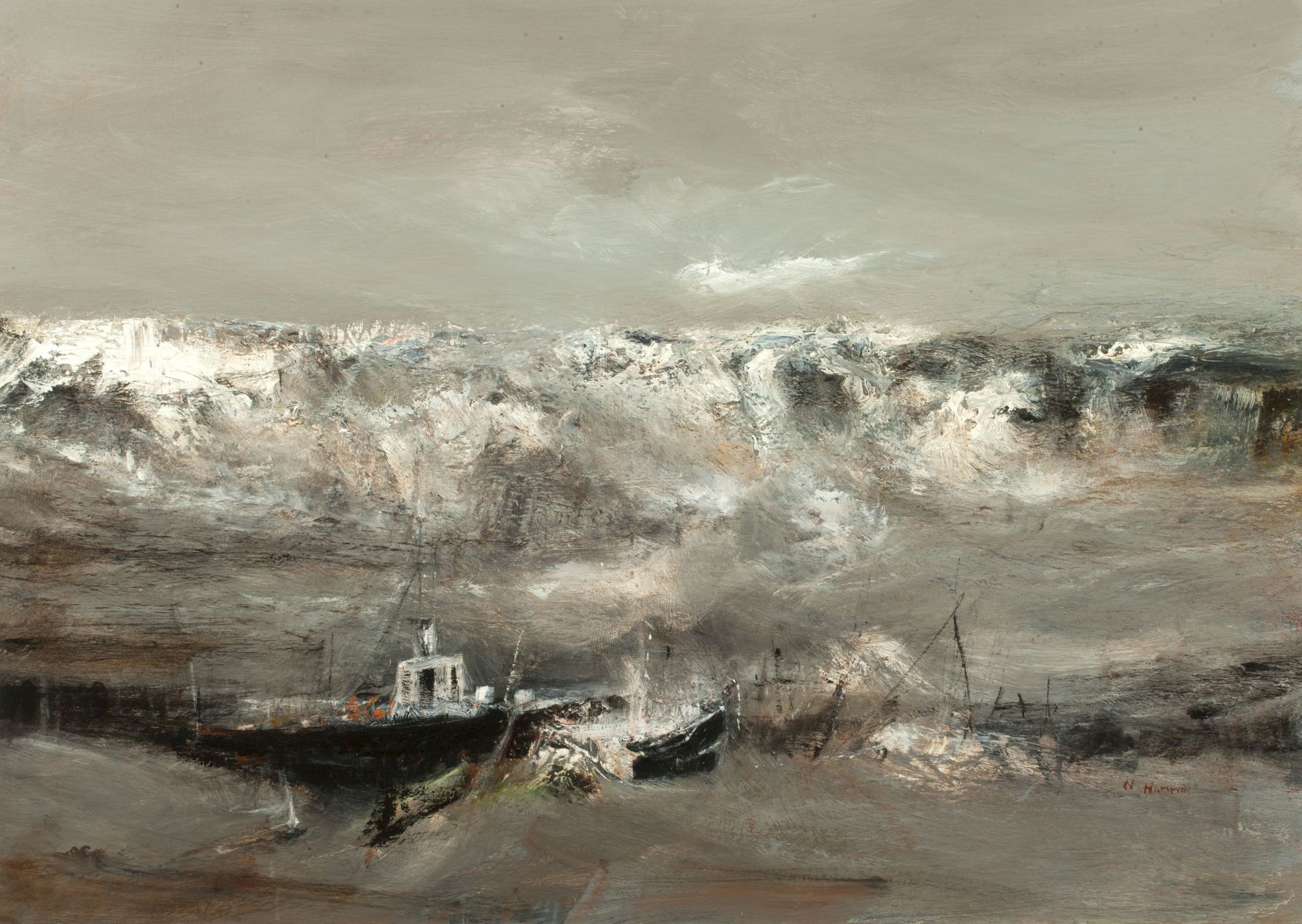 Nael Hanna (British, born 1959) Boat in a storm at sea 77 x 107cm