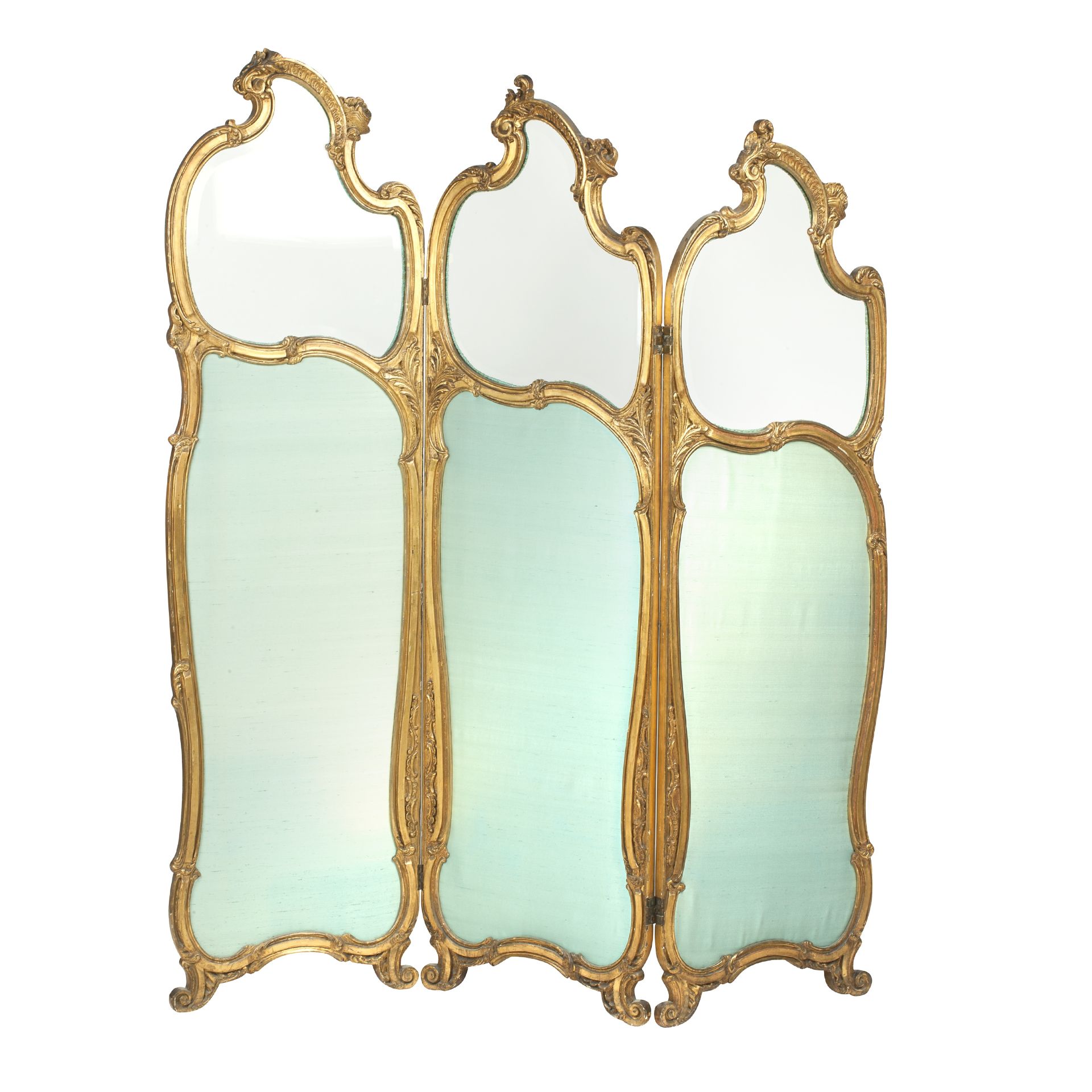 A late 19th/early 20th century French giltwood, glass and silk three-fold screen