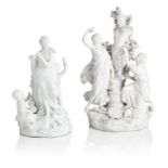 A Derby biscuit group of Two Bacchantes adorning a bust of Pan, and a Derby biscuit group of Musi...