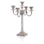 A late Victorian electroplated five light candelabrum marks rubbed, probably Hawkesworth, Eyre &...