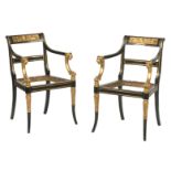 A set of four 19th century ebonised and parcel gilt open armchairs, After a design by George Smit...
